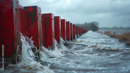 Seamless row of red flood barriers containing overflowing river water.