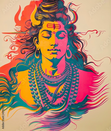 psychedelic vintage poster depicting Lord Shiva in a meditative pose. Intricate designs and bold colors reflect the hippie style, evoking a sense of spiritual peace and enlightenment photo