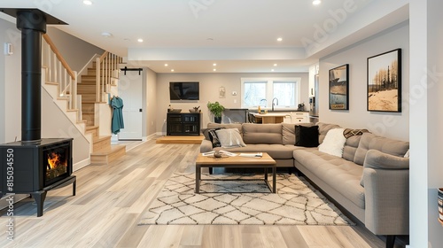 A Scandinavian basement remodel featuring a lounge area with a sectional sofa, a wood stove, and neutral colors
