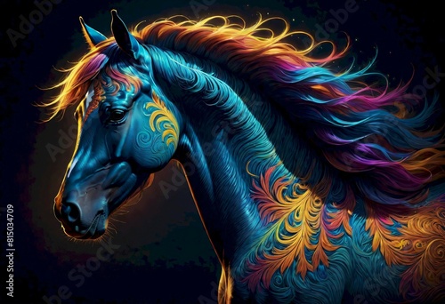 Artistic painting of a brown horse with colorful tattoos, showcasing the animal's beauty, elegance, and wild character. Generative AI.