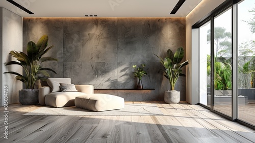 A large room with a light wood floor  white walls and one dark oak wall  minimalistic interior design  a window on the right side of the office space.