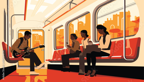 Vector illustration of a man and a woman sitting in a subway car