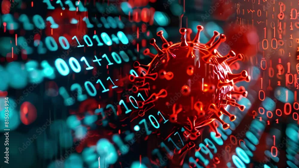 A menacing red-colored computer virus that infiltrates the binary program code consisting of zeros and ones, disrupting digital systems and compromising data security