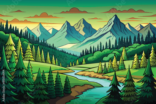 Landscape forest mountains nature adventure travel background panorama - Illustration of dark green silhouette of valley view of forest fir trees and mountains peak.AI GENERATED