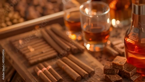 Cigars and whiskey glasses on the table in close-up, capturing the essence of a refined men's gathering, characterized by conviviality and relaxation photo