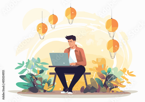 Young man working on laptop at the park. Flat vector illustration.