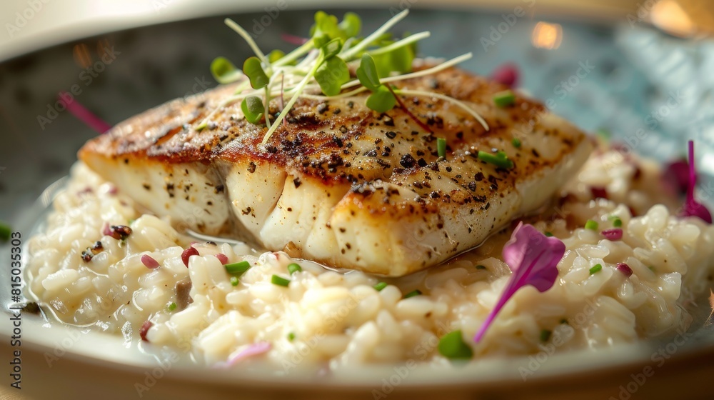 Fried fish Mahi-mahi, sprinkled with microgreens, and risotto with wild mushrooms.