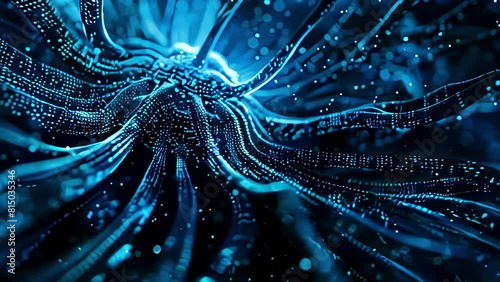 Computer virus with numerous tentacles, proliferating through digital code in icy blue hues, evoking a sense of ominous expansion and technological peril. photo