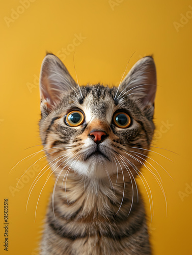 A domestic shorthaired cat gazes at the camera on a yellow background