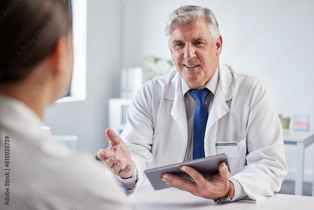 Mature doctor, man and consultation with patient, tablet or happy for giving advice, results or good news. Medic, people and digital touchscreen for report, diagnosis and healthcare service in clinic Mature doctor, man and consultation with patient, tablet or happy for giving advice, results or good news. Medic, people and digital touchscreen for report, diagnosis and healthcare service in clinic