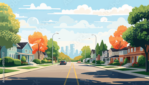 Autumn city landscape with road, houses and trees. Vector illustration