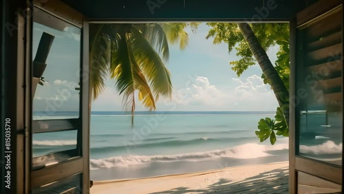 Outside the window, the view of the Maldivian beach, white sands, serenity and tranquility. Paradise vacation, tranquility, relaxation. photo