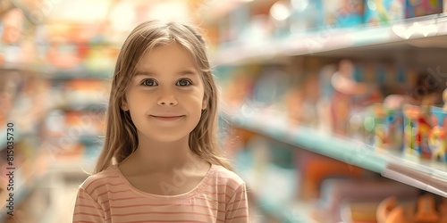 Joyful girl in toy store surrounded by shelves filled with dreams. Concept Toys, Girl, Joy, Dreamy, Store