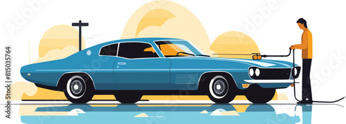 Vector illustration of a man refueling an old car on the road