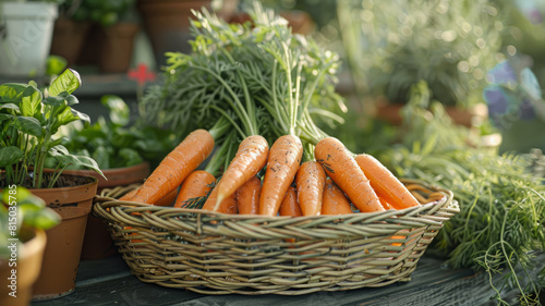 Freshly harvested carrots in a wicker basket surrounded by greenery.