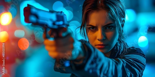 A female detective in a black jacket aims a gun at night. Concept Detective, Gun, Night, Mystery, Thriller