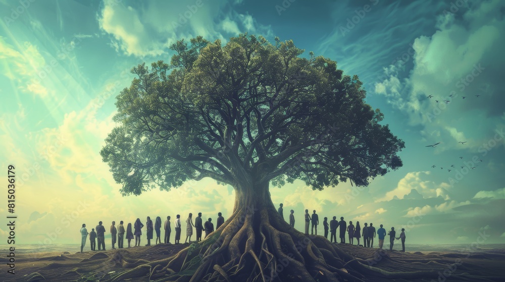 Embracing Unity: Giant Tree with Supportive Hands Sheltering People