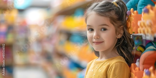Excited girl surrounded by shelves filled with dreams in toy store. Concept Portrait Photography  Toy Store Setting  Excited Expression  Dreamy Aesthetic  Shelf Background