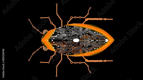 Futuristic digital orange Bug wiggle and mirco processer circuit on the black screen photo