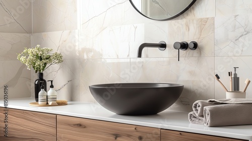 A Scandinavian bathroom with marble tiles  a floating wooden vanity  and black minimalist taps