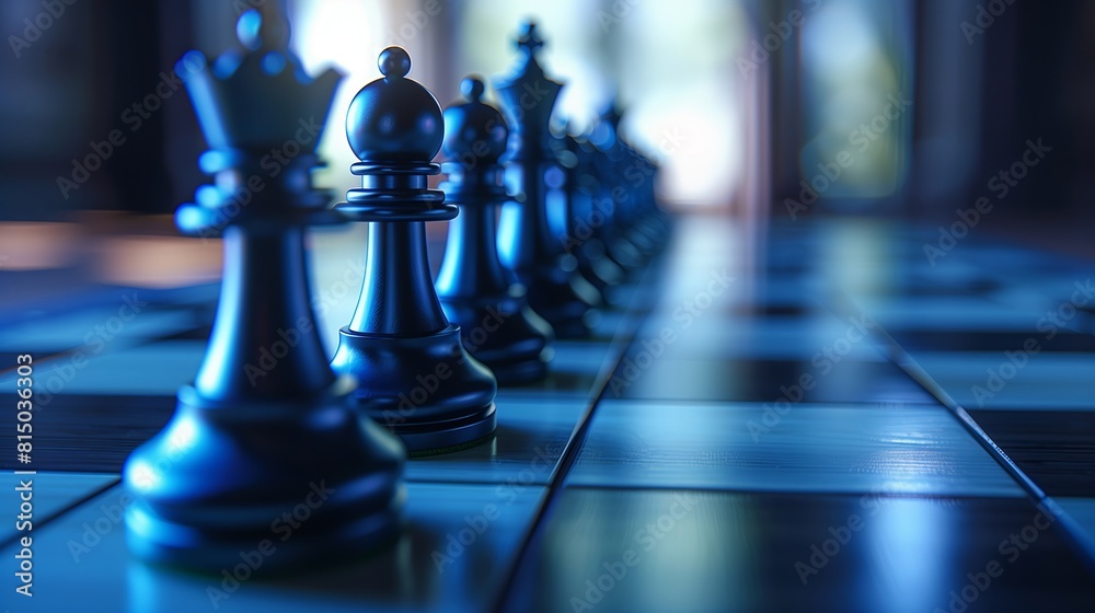 Soft blue light casts dramatic shadows on a line of black chess pieces. Soft blue light casts dramatic shadows on a line of black chess pieces.