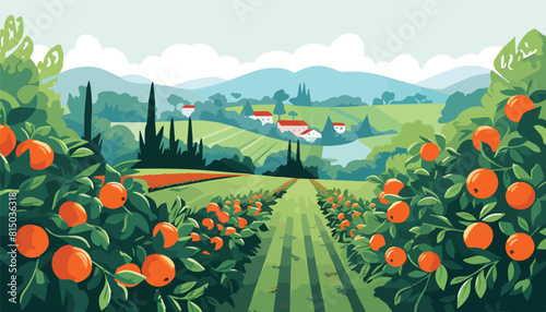 Peach orchard vector illustration. Orange orchard with rows of ripe tangerines.
