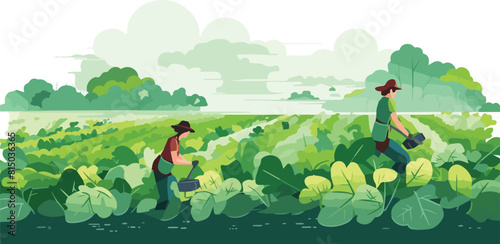 Agriculture vector illustration in flat cartoon style. Rural landscape with man working in the field.