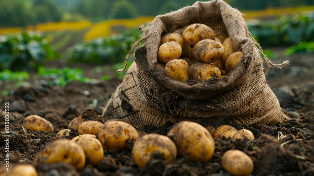 Burlap sack filled with freshly harvested potatoes in a farm field. Burlap sack filled with freshly harvested potatoes in a farm field.