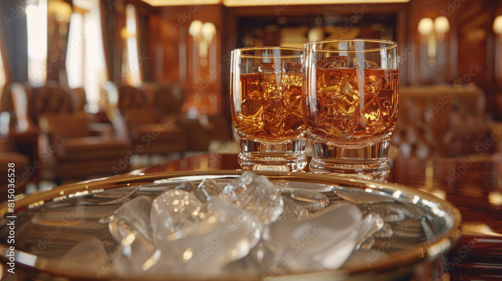 Two whiskey glasses with ice on a table in a luxurious lounge.