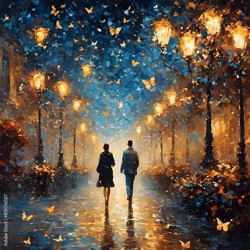 AI generated illustration of two people walking together under a night sky full of stars © Wirestock