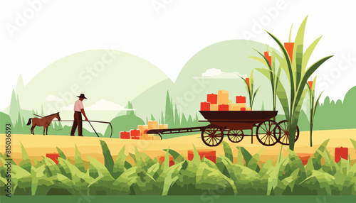 Harvesting of sugarcane vector illustration. Flat style.