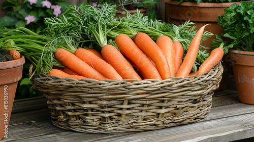 Wicker basket filled with fresh carrots, green leaves, on wooden table
