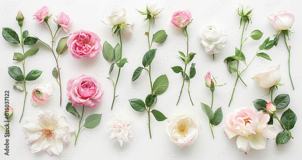 white and pink rose flowers on white background 