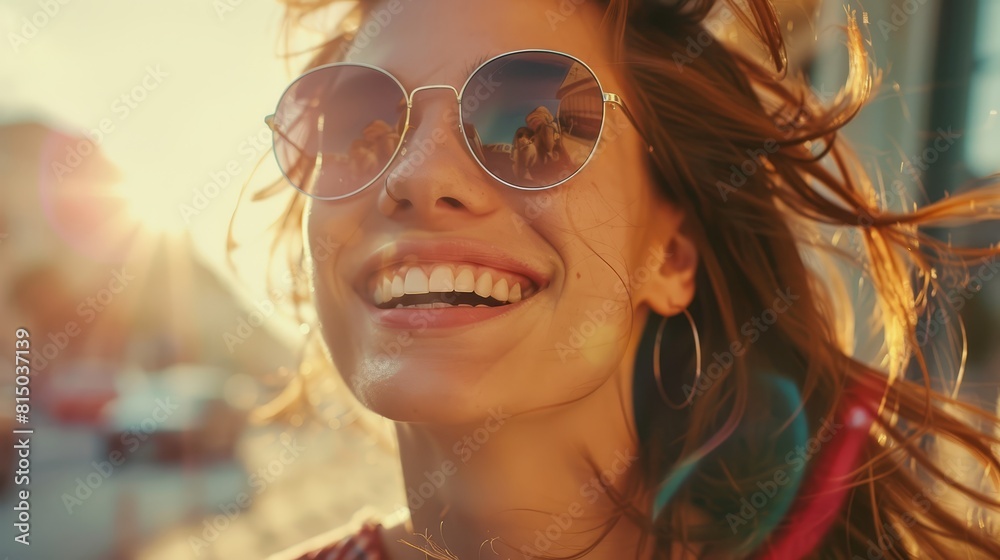 Glamorous lady smiling outdoors in trendy sunglasses, realistic portrait focus, vibrant atmosphere Glamorous lady smiling outdoors in trendy sunglasses, realistic portrait focus, vibrant atmosphere