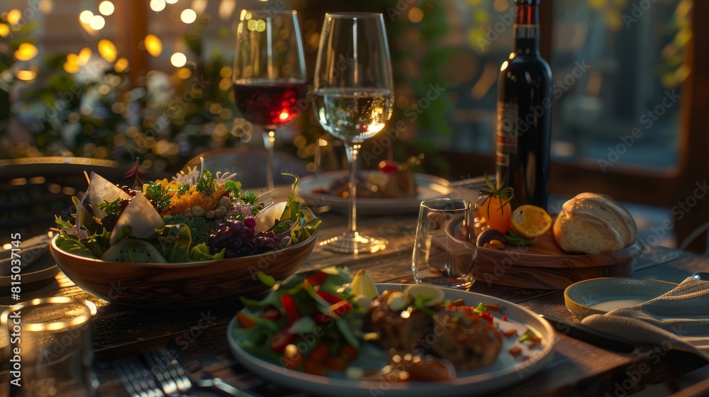 a table topped with plates of food and glasses of wine next to a bowl of salad and a glass of wine on top of a table. generative ai hyper realistic 