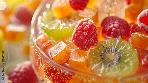 Close-up of a fruit salad with kiwi, raspberries, and other fruits.