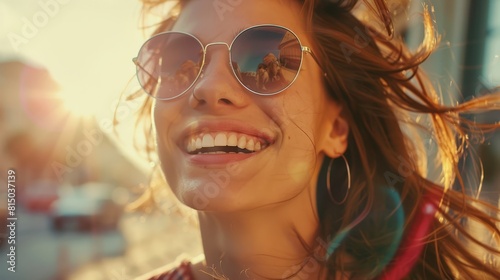 Glamorous lady smiling outdoors in trendy sunglasses, realistic portrait focus, vibrant atmosphere
