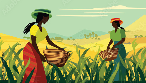 Two women harvesting sugarcane in the field. Vector illustration.