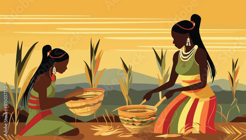 Two women working in the field, harvesting rice. Vector illustration.