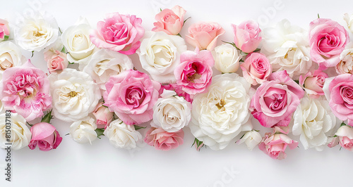 white and pink rose flowers on white background 