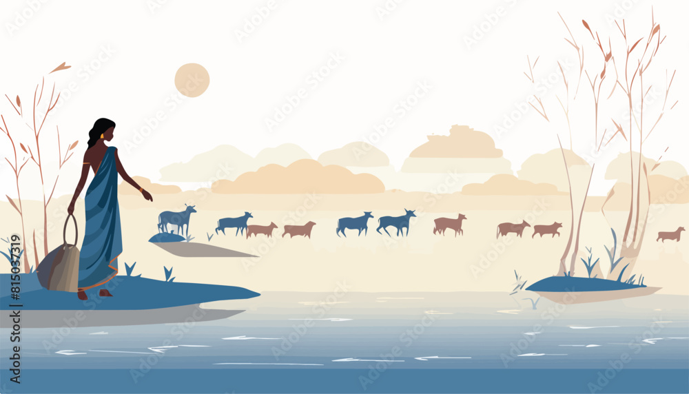 Vector illustration of a woman walking on the lake with goats and reeds