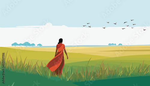 Indian woman in traditional dress walking on green meadow. Vector illustration