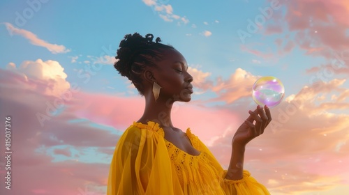 A woman in a vibrant yellow dress stands amidst a pastel sky, the delicate bubble she holds in her hand embodying her light-hearted spirit and carefree nature hyper realistic  © Business Pics