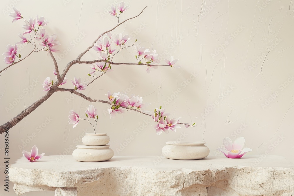 Marble podium for bathing product display on blurred bathroom background - generative ai. Beautiful simple AI generated image in 4K, unique. Marble podium for bathing product display on blurred bathroom background - generative ai. Beautiful simple AI generated image in 4K, unique.