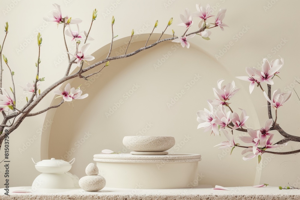 Marble podium for bathing product display on blurred bathroom background - generative ai. Beautiful simple AI generated image in 4K, unique. Marble podium for bathing product display on blurred bathroom background - generative ai. Beautiful simple AI generated image in 4K, unique.