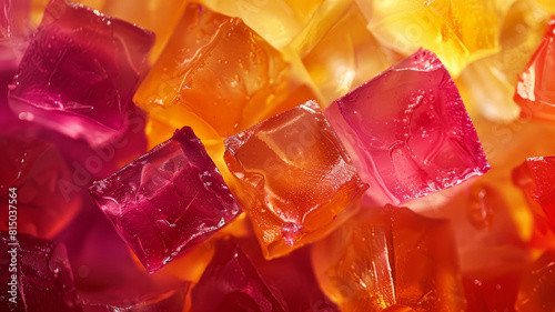 Close-up of colorful red, orange, and yellow jello cubes.