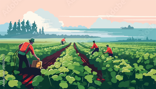 Farmers working on the field. Vector illustration in flat style.