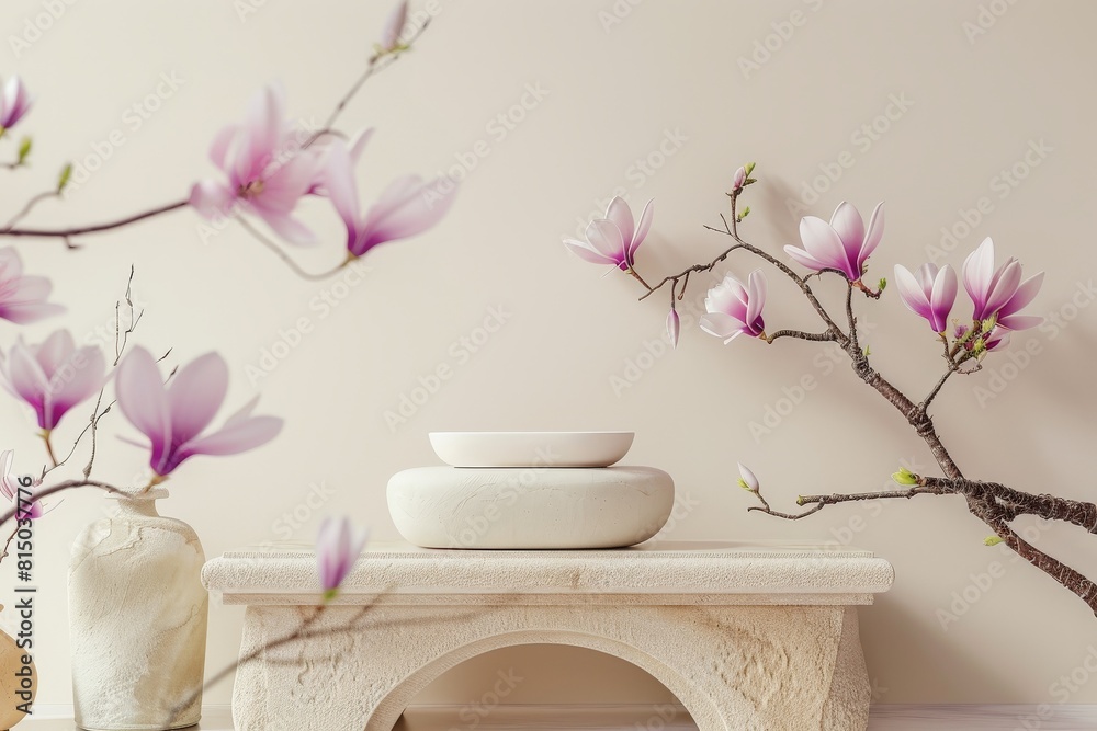 Marble podium for bathing product display on blurred bathroom background - generative ai. Beautiful simple AI generated image in 4K, unique. Marble podium for bathing product display on blurred bathroom background - generative ai. Beautiful simple AI generated image in 4K, unique.