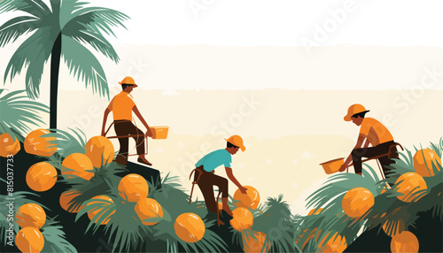 Vector illustration of workers harvesting coconuts on the plantation in summer
