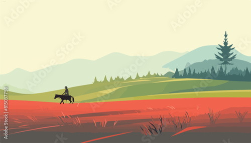 Horse riding on the road in the mountains. Vector illustration.